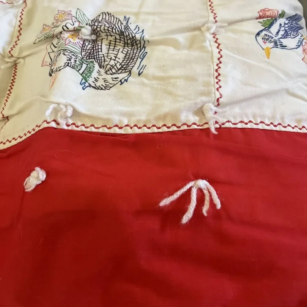 VTG Quilt White Red Multicolor Patchwork Floral Birds State Flowers Rectangular
